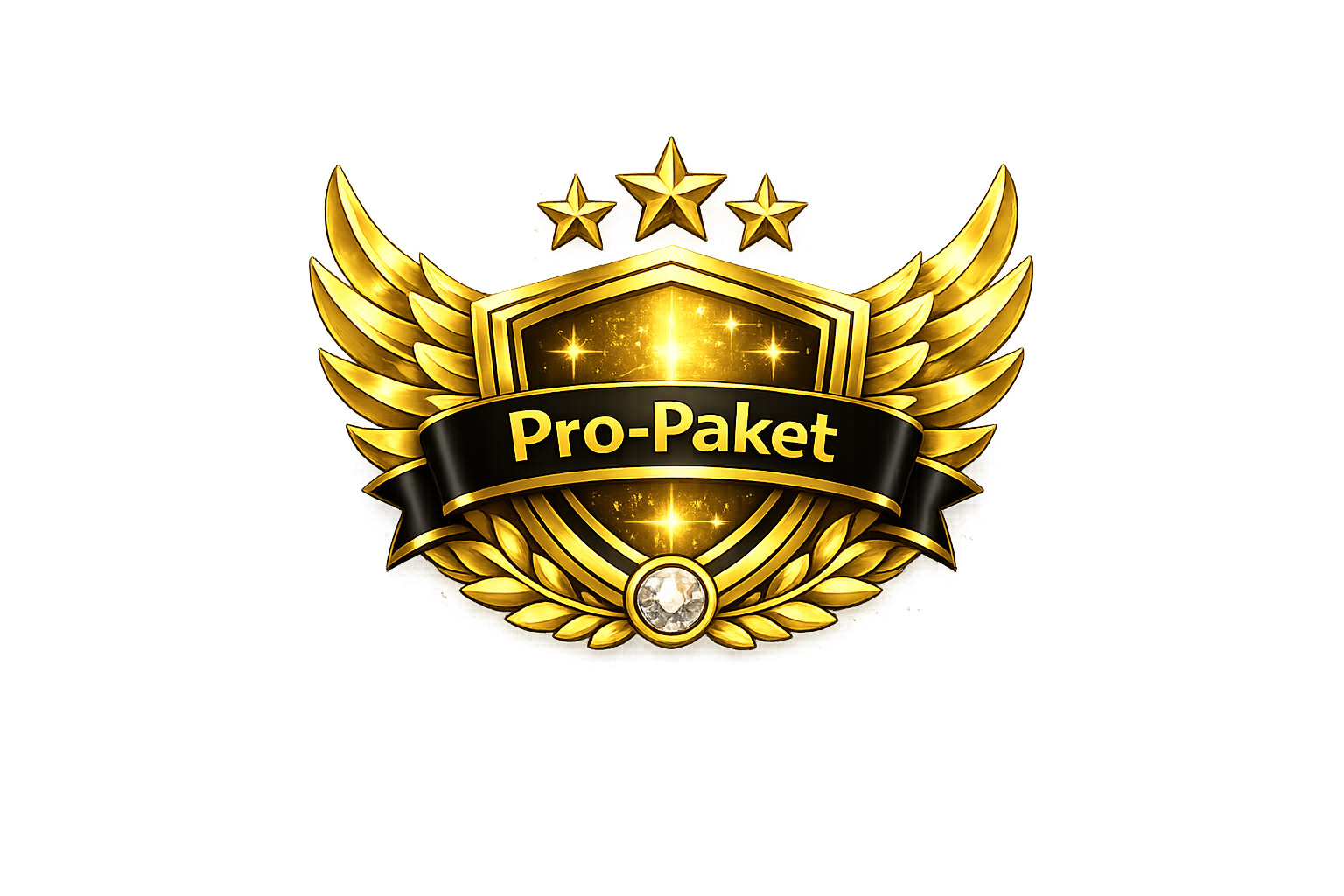 Gold badge icon for Pro Package with shield, wings, and stars representing the professional service plan