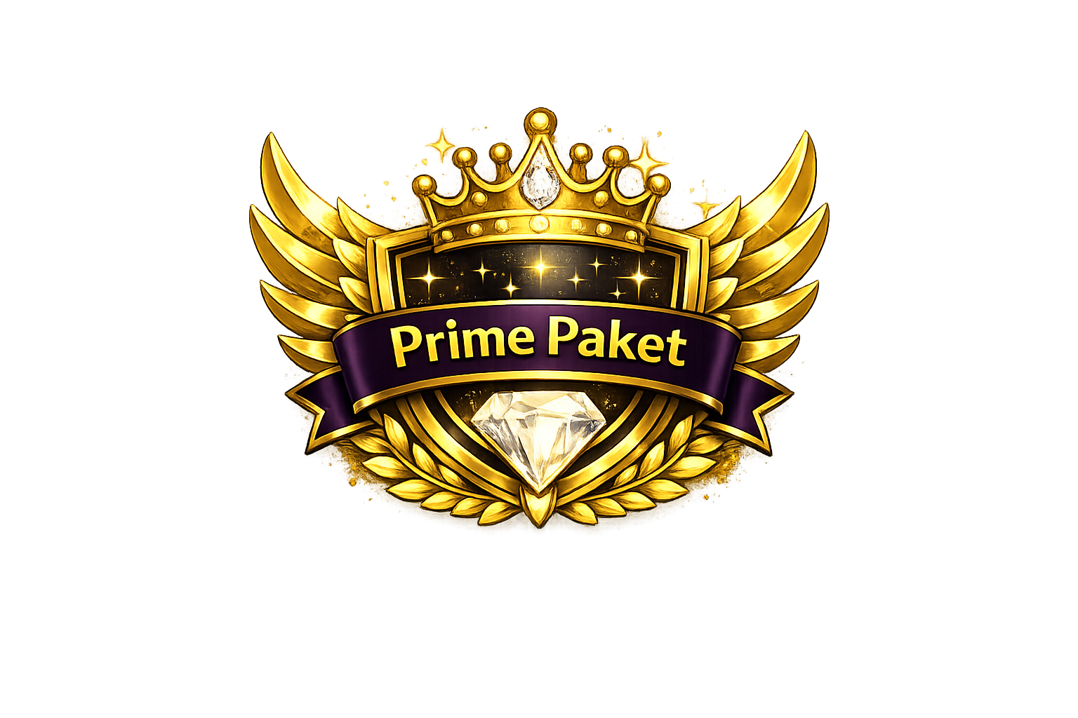 Premium-Goldabzeichen für das Prime-Paket mit Krone, Flügeln und Diamant als Symbol für das Top-Leistungspaket